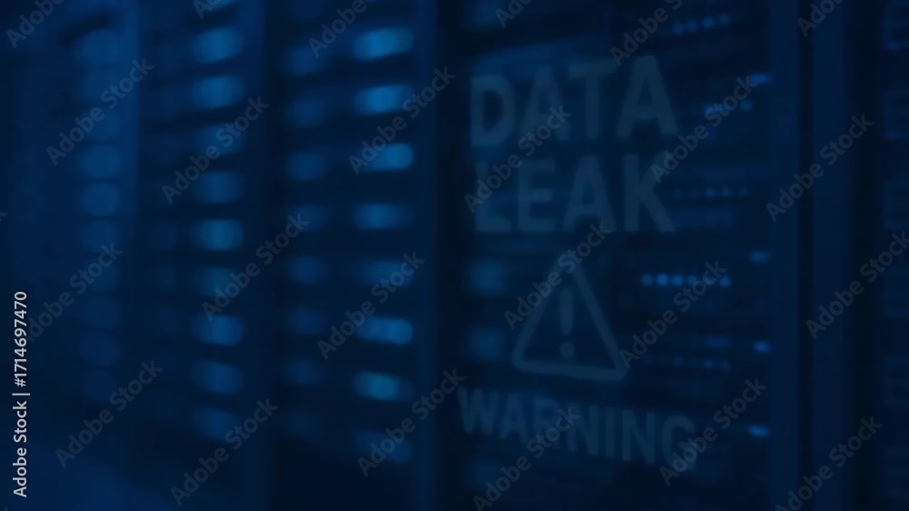 Poster a glowing warning sign alerting of a data leak in a server room, highlighting the importance of cybe