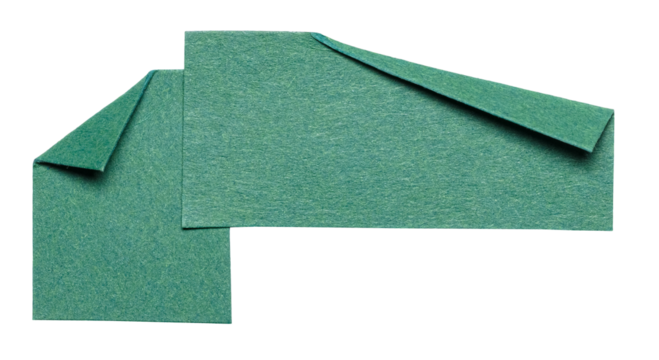 Two green overlapping isolated cut out blank paper notes cardboard with folded corner dog-ear earmark and copy space for text, transparent png background design element