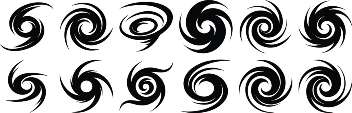 Twelve Black Spiral Shapes Arranged on White Background, Different Styles and Designs