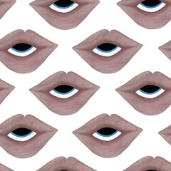 Watercolor pink star with eye seamless pattern. Asymmetrical pale pink stars with eyes on white background.