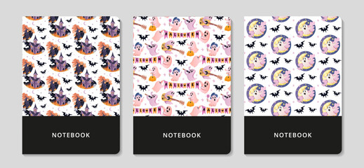 Fun Halloween notebook cover set. Background with pattern of haunted house, pink ghost flying around moon and black bat. Perfect for party invitations, wrapping paper, decoration. Vector illustration.