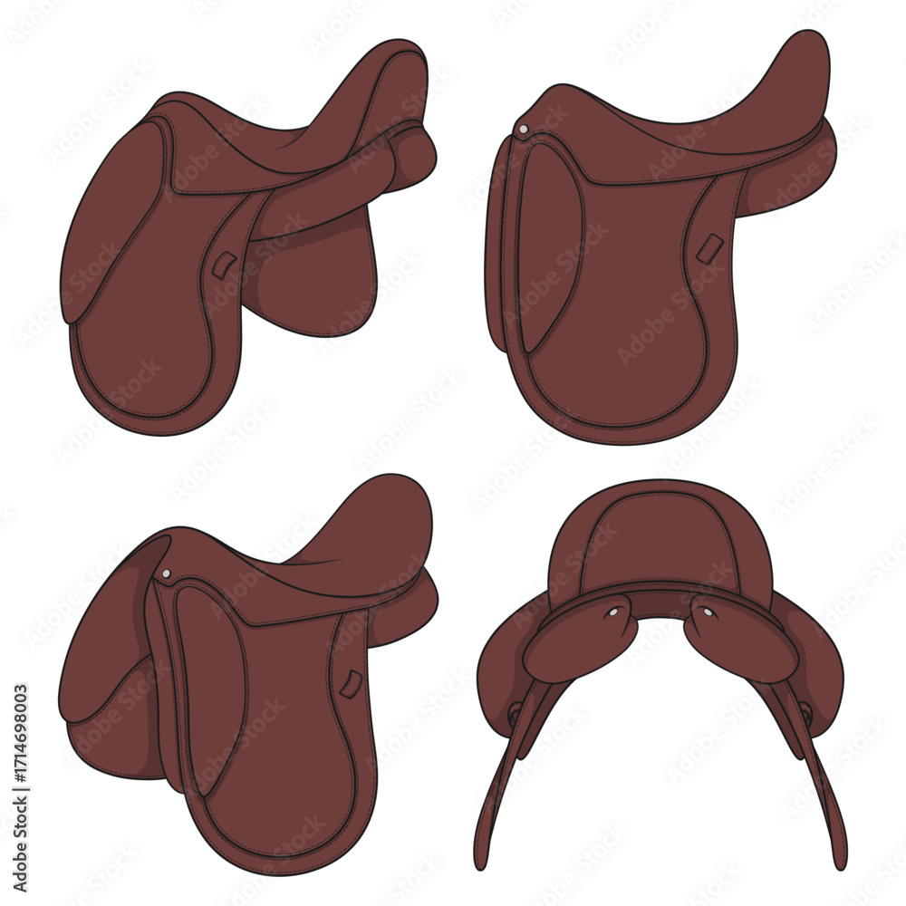 Poster set of color illustrations with horse saddle. isolated vector objects on white background.