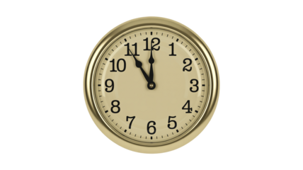 Gold framed clock showing eleven o'clock against a for timekeeping on transparent background