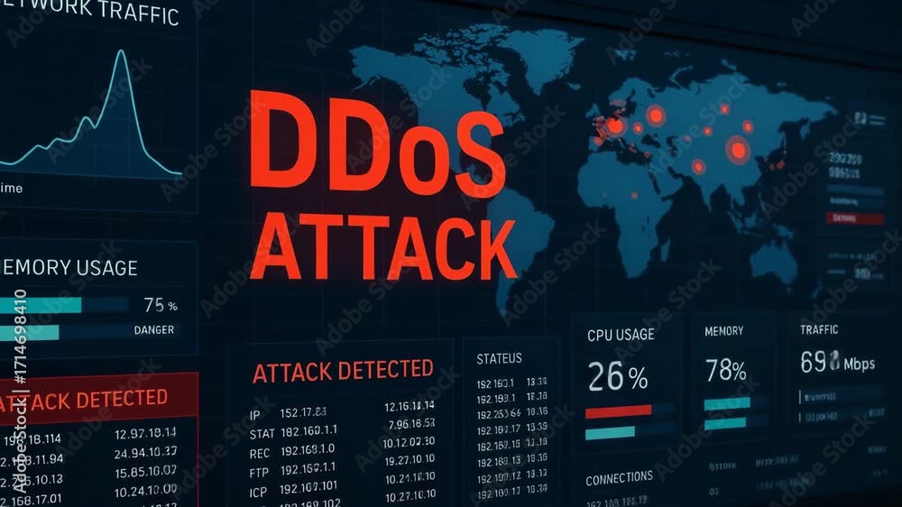 Fototapete a close-up view of a digital dashboard displaying statistics of a ddos attack in progress with data 