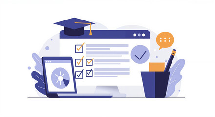 Online quizzes with checklist on computer and laptop in modern style  