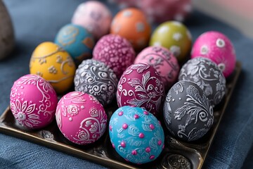 Colorful chocolate Easter eggs, each individually decorated, creating a festive and playful touch to any holiday gathering
