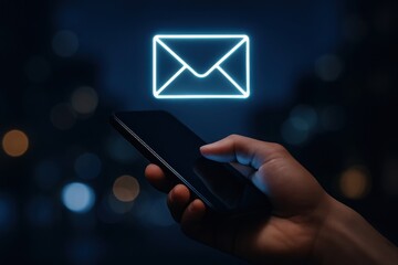 Hand holding black smartphone with glowing blue neon envelope icon mobile phone cell phone