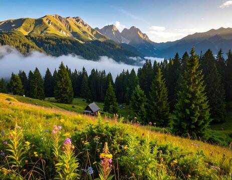 Mountain meadow at sunrise