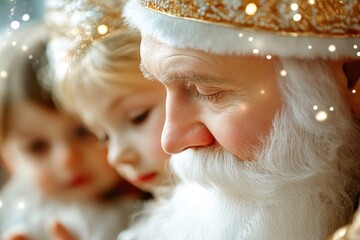 Joyful santa claus with enthralled children celebrating christmas