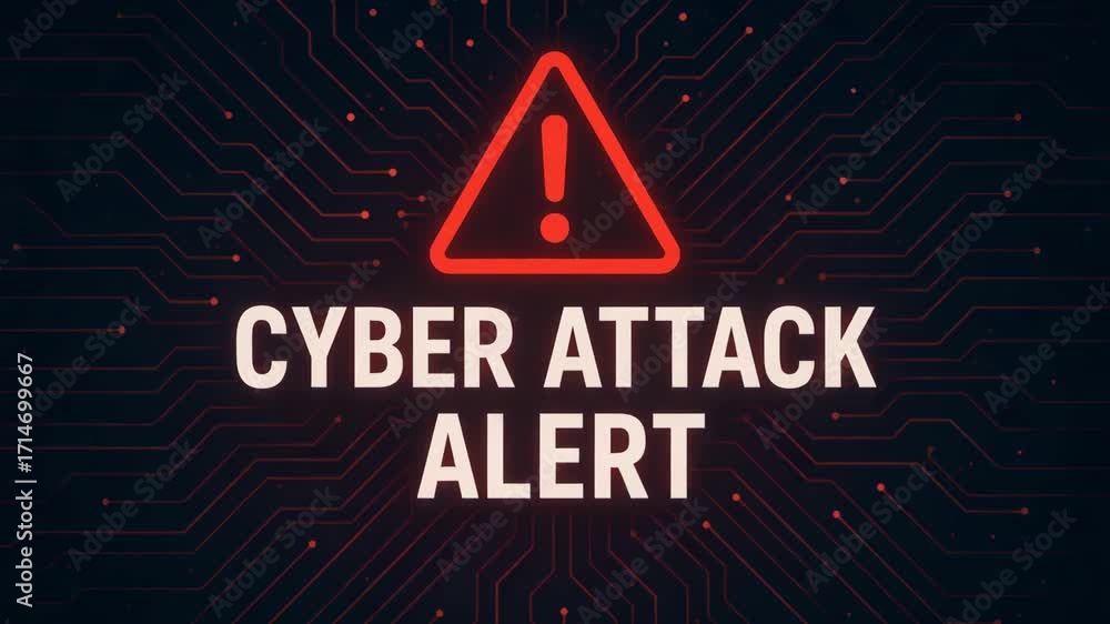 Poster a bold cyber attack alert sign displayed over a digital circuit board background, highlighting the u