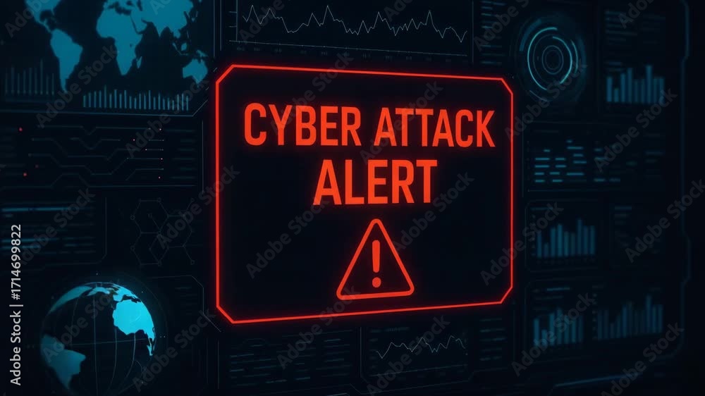 Aufkleber a cyber attack alert is displayed in striking red against a high-tech digital background, emphasizin
