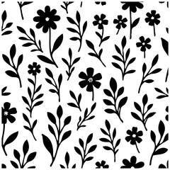 Monochrome floral pattern design, graceful blossoms with leaves creating a minimalist botanical