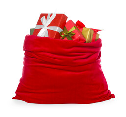 Santa Claus bag with Christmas gifts isolated on white