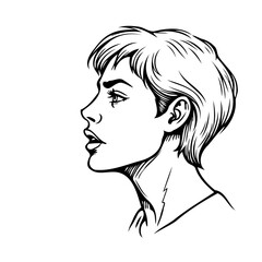 Monochrome portrait of a young woman with short hair gazing intently, artistic sketch displaying