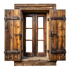 Rustic Wooden Window with Open Shutters on Transparent Background Isolated