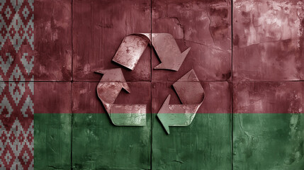 Belarus ornate flag pattern merges with a metallic recycling symbol on a weathered, rustic background. The image symbolizes sustainability, national identity, and eco-consciousness.
