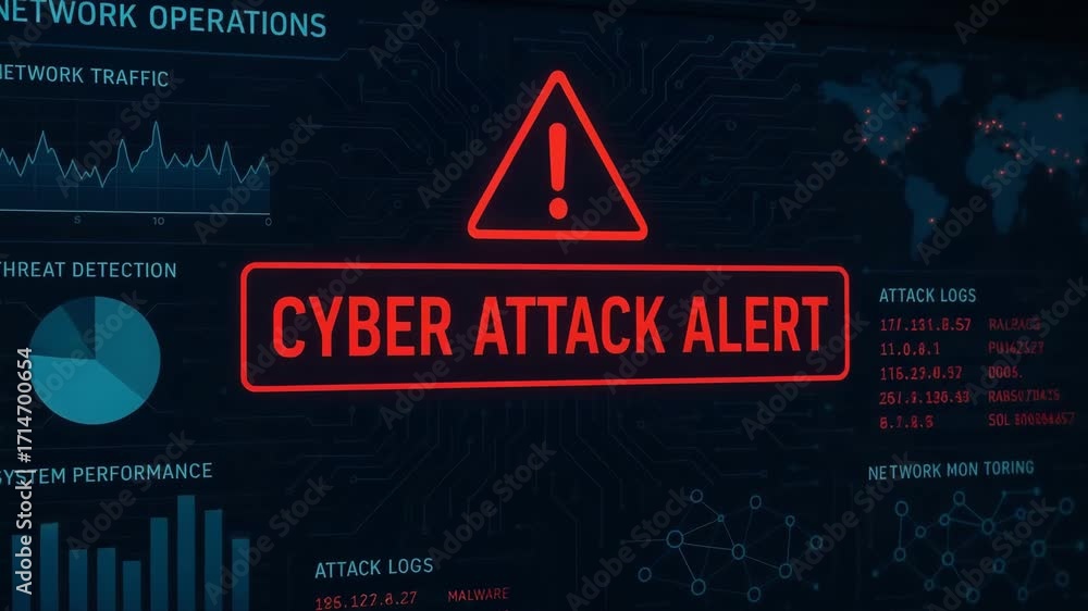 Aufkleber an alarming cyber attack alert displayed on a digital interface, highlighting network security threa