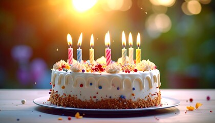 A festive birthday cake with colorful candles sits on a plate, bathed in warm, diffused sunlight, showcasing a sweet and celebratory mood.