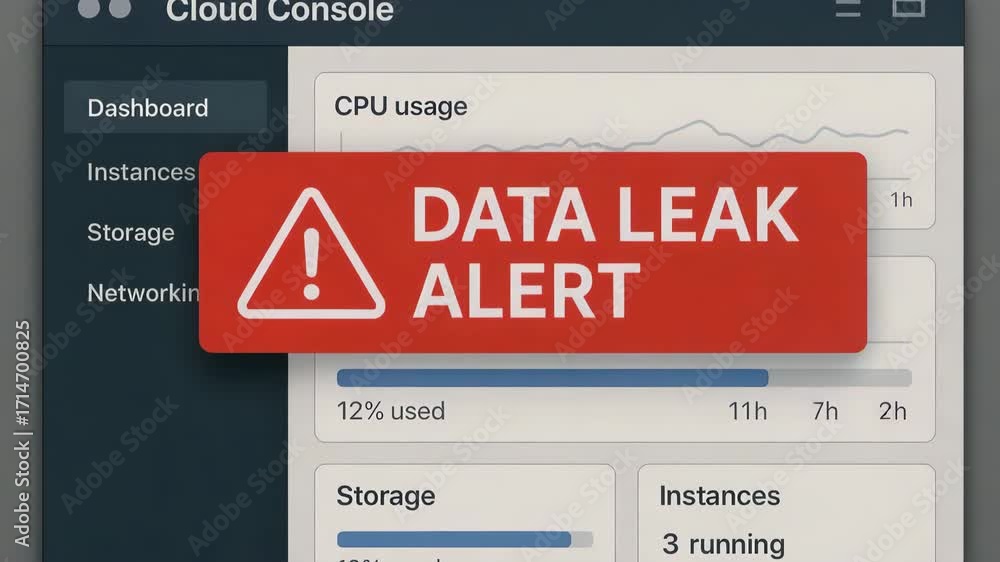 Poster a warning alert on a cloud console indicating a serious data leak issue, emphasizing the importance 