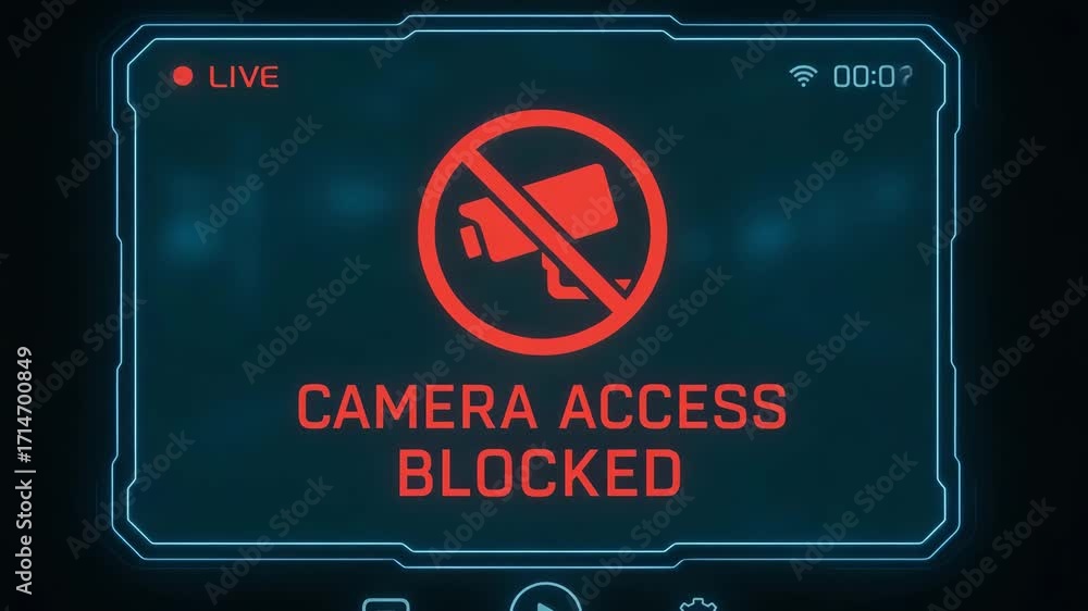 Poster a digital screen displaying a warning sign that camera access is blocked, highlighting privacy conce