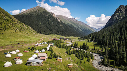 The aerial view of Altyn Arashan in Kyrgyzstan
