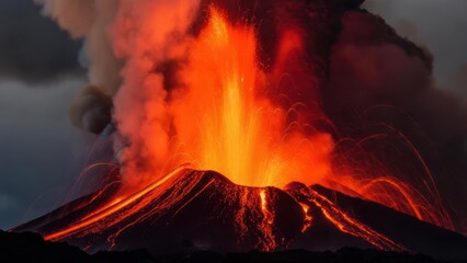 Volcanic eruption with flowing lava and ash cloud