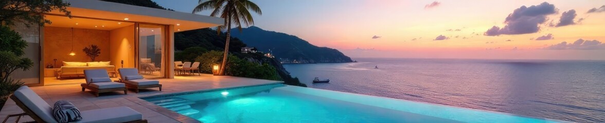 Fototapeta premium Luxurious Oceanfront Villa Private Pool, Breathtaking Sunsets, Perfect Family Getaway
