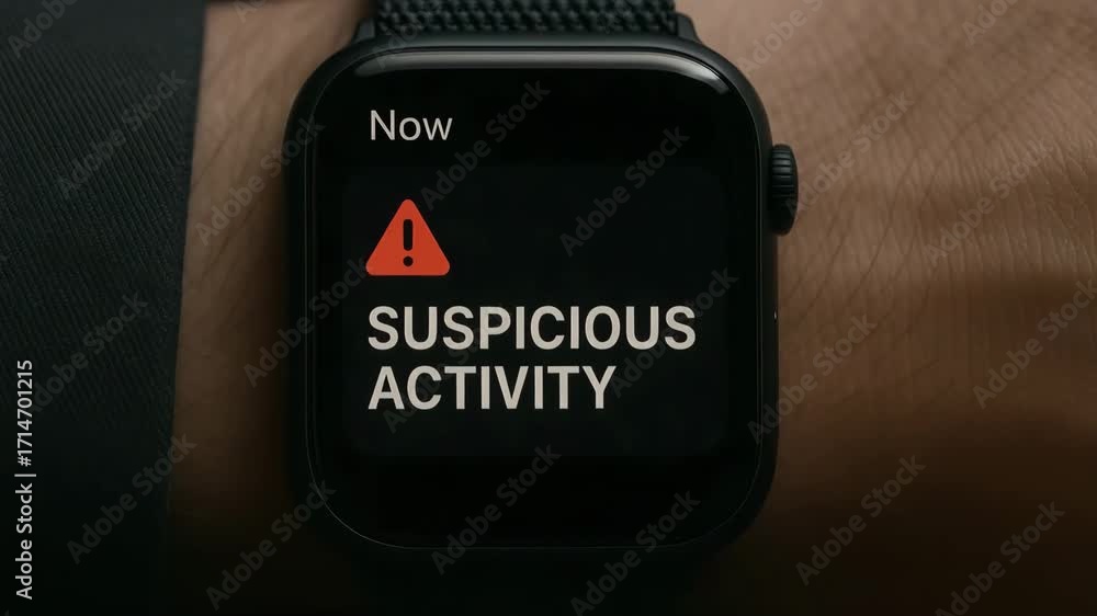 Poster a close-up view of a smartwatch displaying an alert for suspicious activity, highlighting modern tec