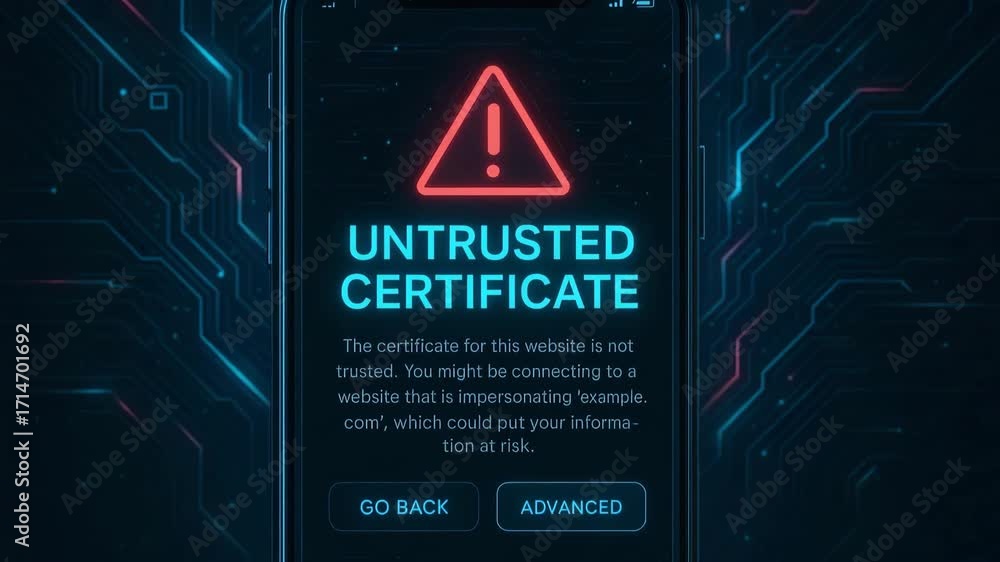Poster a digital warning sign indicating an untrusted certificate on a device, symbolizing cybersecurity th