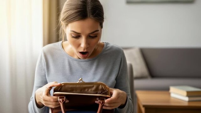 Woman discovers her empty wallet with surprised expression, indicating financial shock and possible theft, crisis footage.
