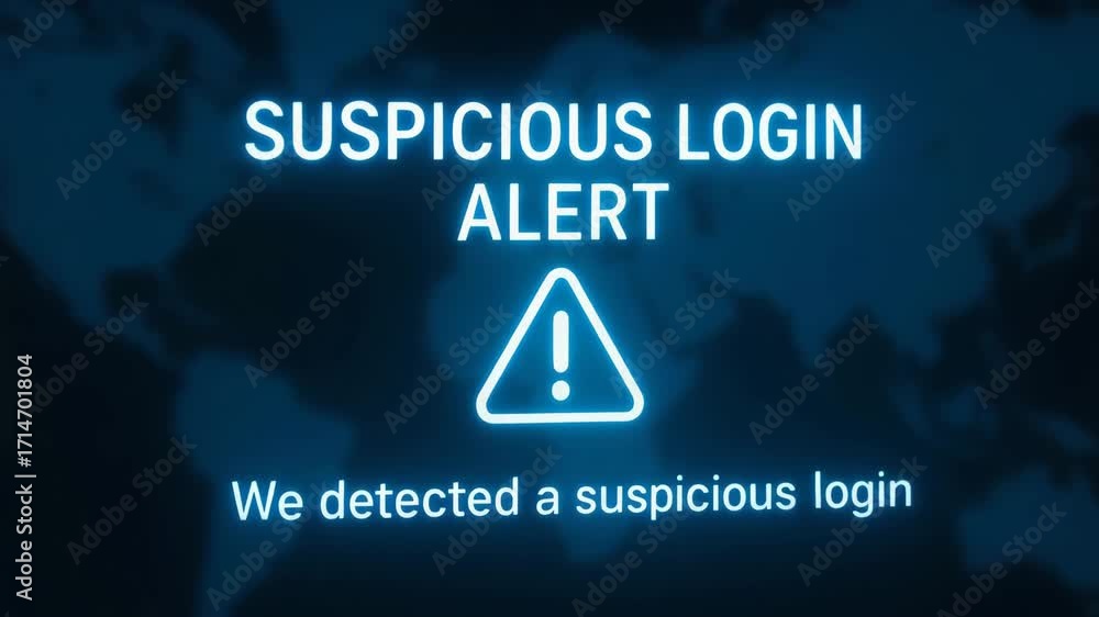 Poster a dramatic visual of a suspicious login alert on a digital screen, representing cybersecurity and da
