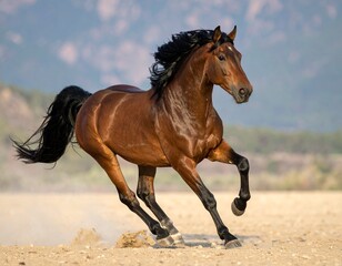 Obraz premium A brown horse runs gracefully in the middle of the great desert.