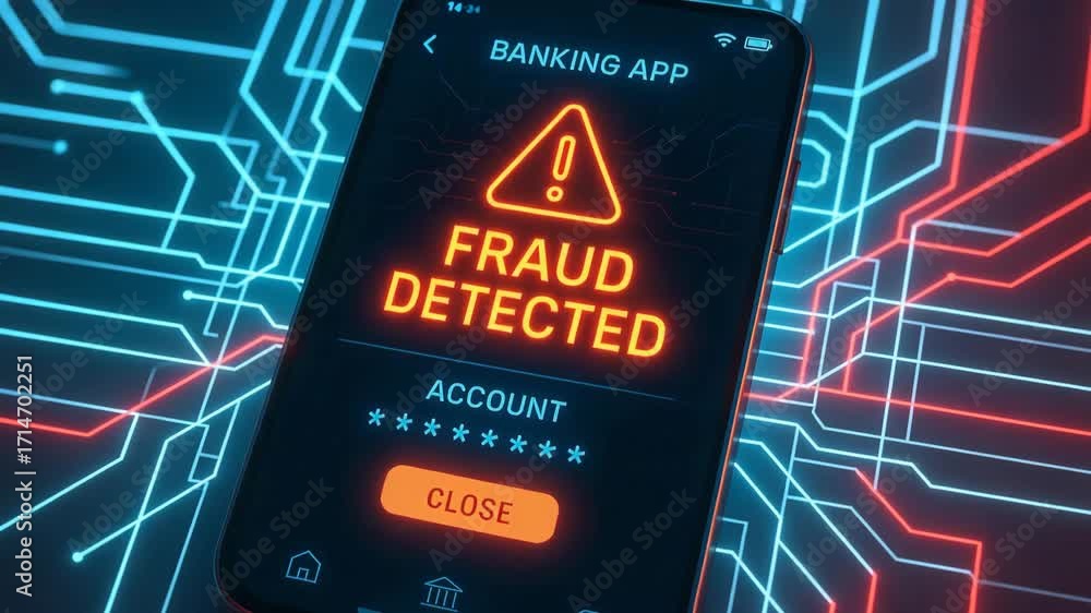 Poster a smartphone displaying a warning for fraud detection in a banking app, highlighting the importance 