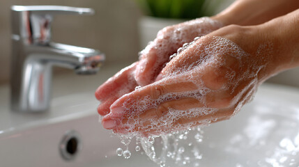 Close-Up of Hands Washing with Soap in White Sink