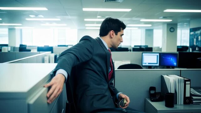 Man taking money from a drawer, looking around nervously, then closing the drawer in an office setting, theft concept footage.