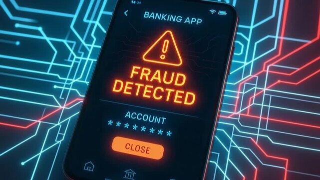 A smartphone displaying a warning for fraud detection in a banking app, highlighting the importance of digital security. - Powered by Adobe