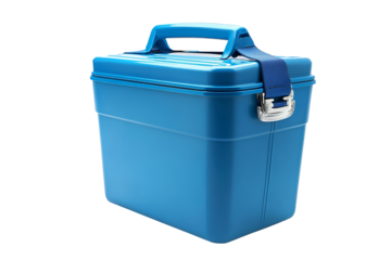 Bright blue plastic cooler box with handle and latch isolated on transparent background
