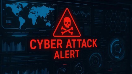 A visual representation of a cyber attack alert with a skull symbol against a backdrop of digital data and a world map. - Powered by Adobe