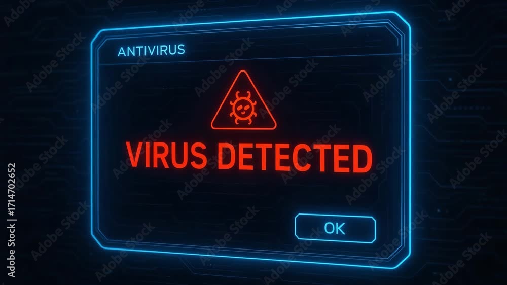 Poster an abstract representation of a digital antivirus alert indicating a virus detection in a futuristic