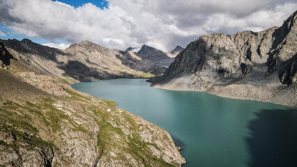 The aerial view of Ala Kul Lake in Kyrgyzstan
