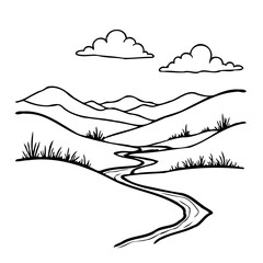 Serene hand drawn landscape of winding river meandering through gentle hills beneath fluffy clouds