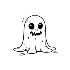 Simple line drawing showing cute white ghost with big round eyes and toothy grin isolated on white