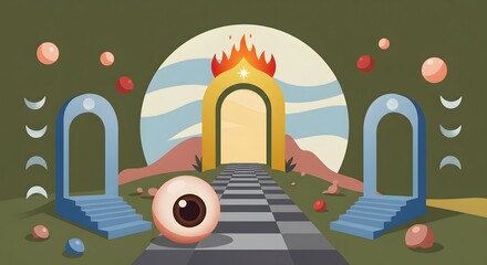 Surreal Fantasy Landscape with Giant Eyeball and Magical Gates: Abstract Dream World