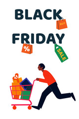 Vector image of a man running with a shopping cart. Black Friday.
