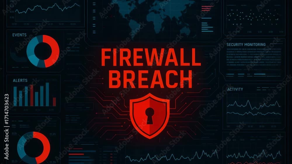 Poster visual representation of a firewall breach, featuring data analytics and cybersecurity elements in a
