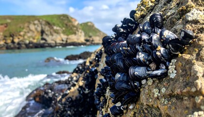 Coastal mussels clinging to rock face near ocean water.