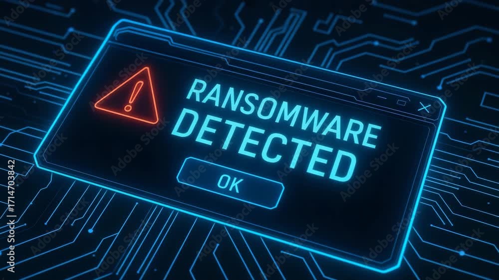 Poster a digital alert showcasing ransomware detection on a computer screen with a blue and red theme, prom