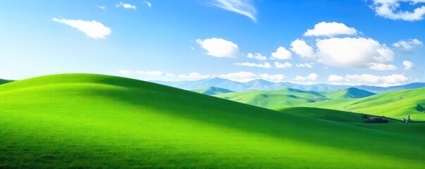 Obraz premium Serene landscape of rolling green hills under a clear blue sky; perfect for relaxation and escaping daily pressures A tranquil scene promoting peace and calm , environment, field