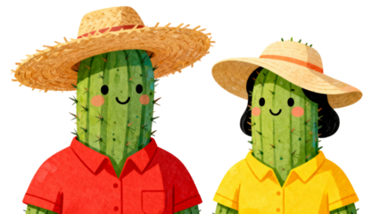 Cute Cartoon Cacti Characters Wearing Summer Hats and Colorful Shirts