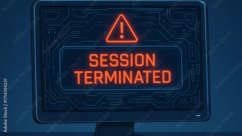 Poster a computer monitor displaying a warning alert with a red triangle icon, symbolizing error or malfunc